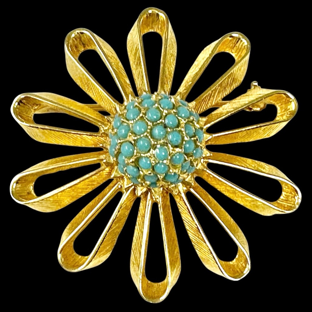 DeNicola Vintage 60s Signed Blue Gold Tone Flower Brooch MCM